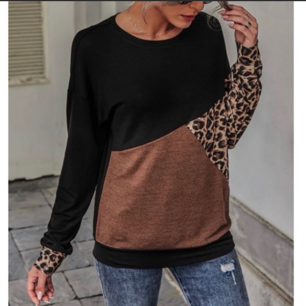 Leopard Print Long Sleeve Multicolor Colorblock Lightweight Sweatshirt - Picture 3 of 5